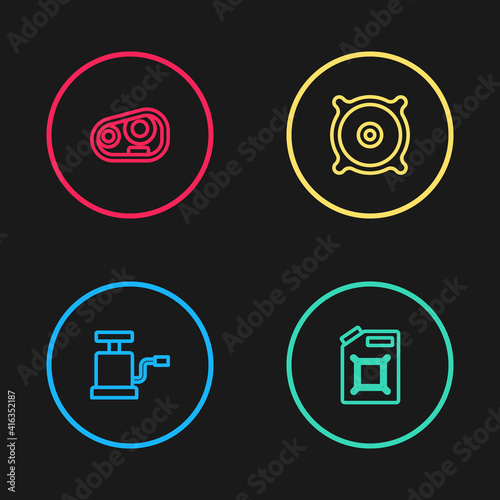 Set line Car air pump, Canister for gasoline, audio speaker and headlight icon. Vector.