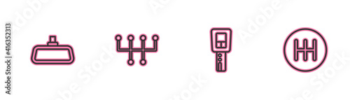 Set line Car mirror, key with remote, Gear shifter and icon. Vector.