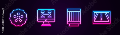 Set line Gear, Diagnostics condition of car, Car air filter and Gps device with map. Glowing neon icon. Vector.