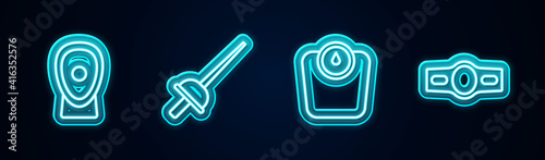 Set line Boxing training paws, Fencing, Bathroom scales and belt. Glowing neon icon. Vector.