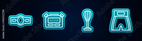 Set line Boxing belt, Stopwatch, Punching bag and short. Glowing neon icon. Vector.