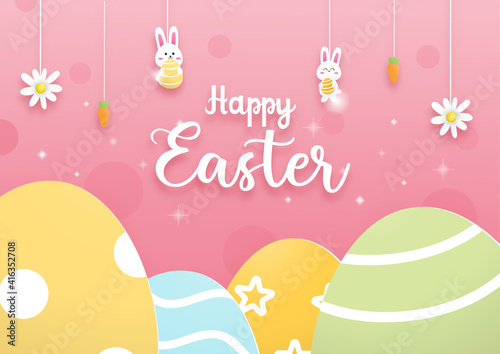 Easter horizontal banner with cute rabbit and colorful Easter eggs paper cut concept. 