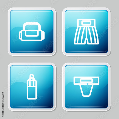 Set line Sport bag, Boxing short, Punching and Groin guard icon. Vector.