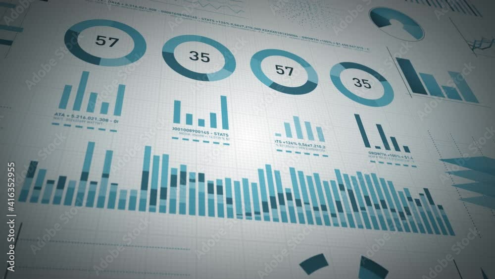 Business Statistics, Market Data And Infographics Animation Loop/ 4k animation of a set of design business and market data analysis and reports layouts, with infographics, bar stats, charts and diagra