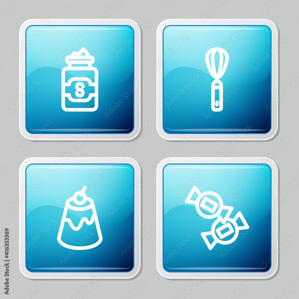 Set line Jar of sugar, Kitchen whisk, Pudding custard and Candy icon. Vector.