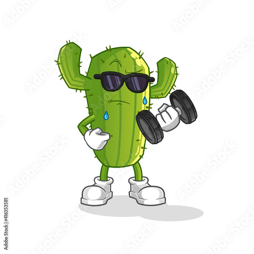 Cactus lifting dumbbell vector. cartoon character