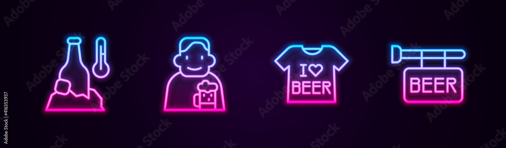 Set line Cold beer bottle, Happy man with, Beer T-shirt and Street signboard. Glowing neon icon. Vector.
