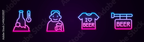 Set line Cold beer bottle, Happy man with, Beer T-shirt and Street signboard. Glowing neon icon. Vector.