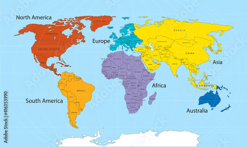World map divided into six continents in different color. World map 6 continents concept. Vector stock