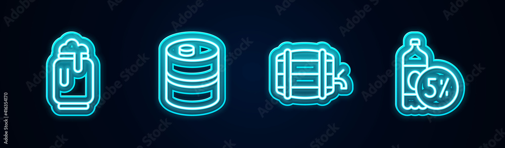 Set line Beer can with foam, Metal beer keg, Wooden barrel on rack and bottle. Glowing neon icon. Vector. Set line Beer can with foam, Metal beer keg, Wooden barrel on rack and bottle. Glowing neon icon. Vector.