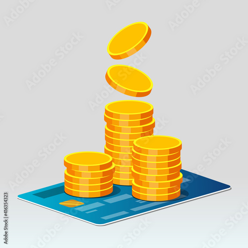 Plastic bank card and stacks of gold coins, business concept