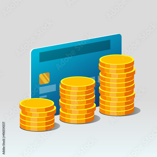 Plastic bank card and stacks of gold coins, business concept
