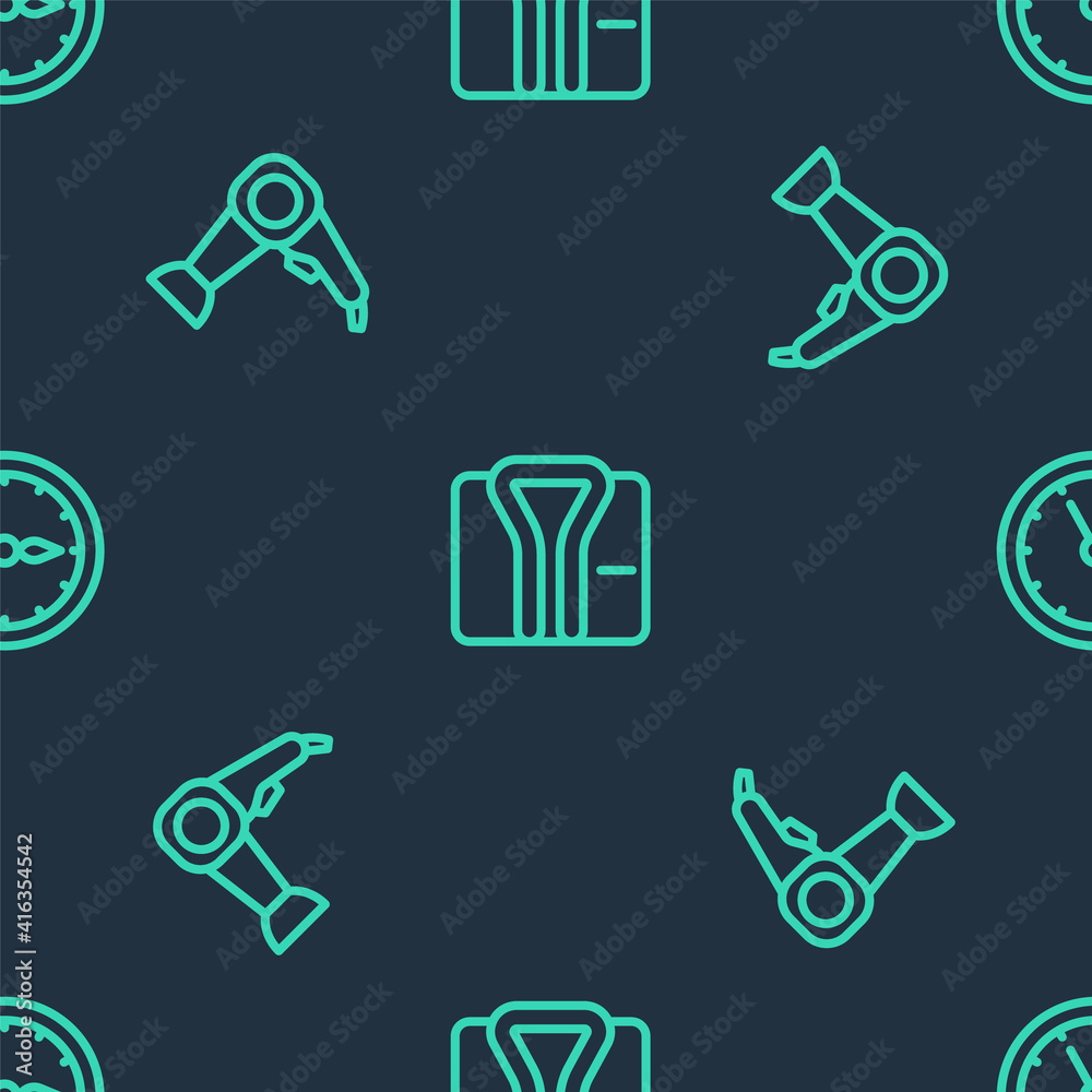 Set line Bathrobe, Hair dryer and Sauna clock on seamless pattern. Vector. Set line Bathrobe, Hair dryer and Sauna clock on seamless pattern. Vector.