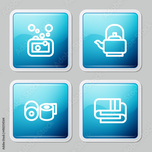 Set line Bar of soap, Kettle with handle, Toilet paper roll and Towel stack icon. Vector.