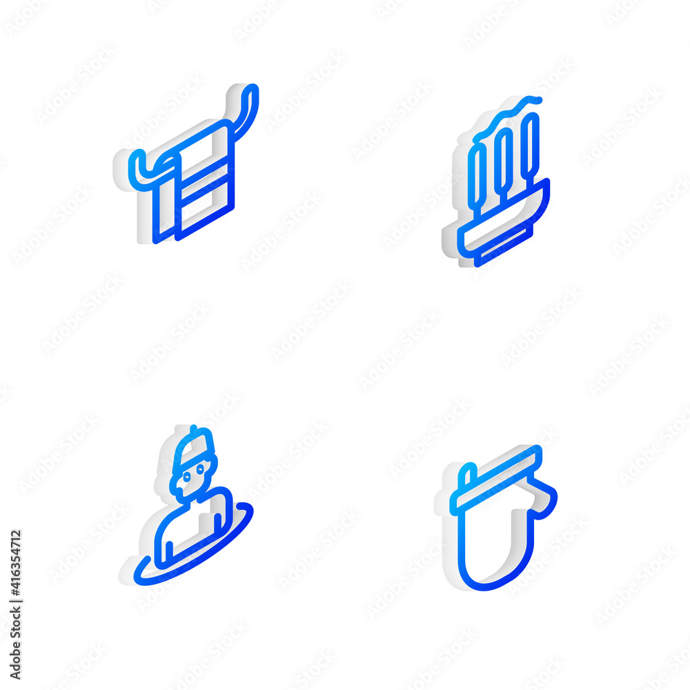 Set Isometric line Incense sticks, Towel on a hanger, Man in the sauna and Sauna mittens icon. Vector. Set Isometric line Incense sticks, Towel on a hanger, Man in the sauna and Sauna mittens icon. Vector.