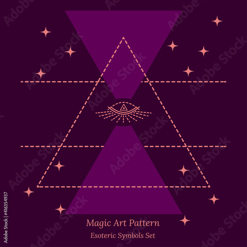 Esoteric symbol of opening third eye of soul. Science Illustration, look into universe concept. Vector outline drawing style design for tarot cards, social networks, groups, web pages.