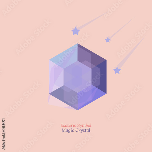 Template of magic crystal for spiritual session, fortune-telling. Faceted crystal glows with edges. Vector drawing in warm soft pastel colors for design of social networks, groups, web pages.