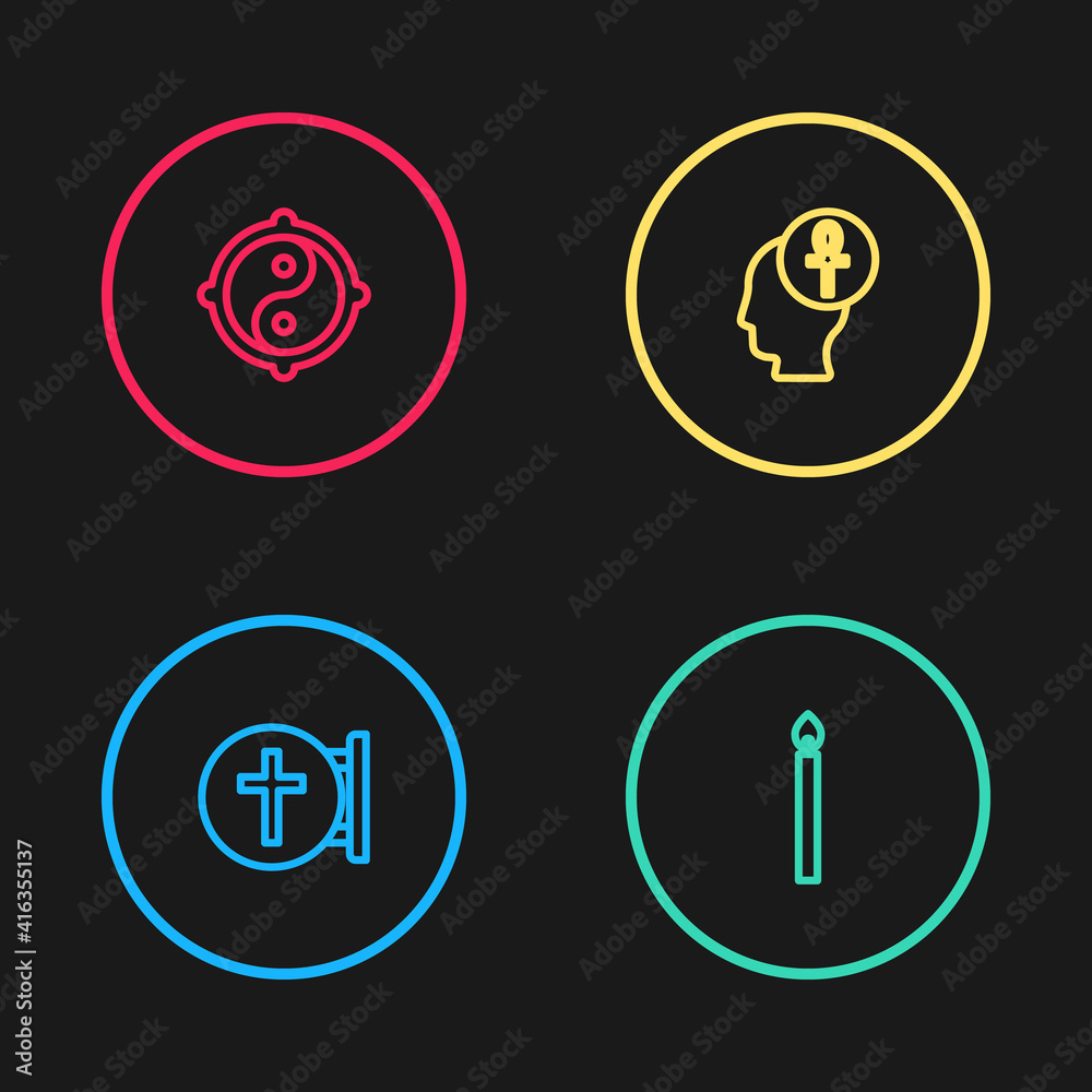 Set line Christian cross, Burning candle, Cross ankh and Yin Yang icon. Vector. Set line Christian cross, Burning candle, Cross ankh and Yin Yang icon. Vector.