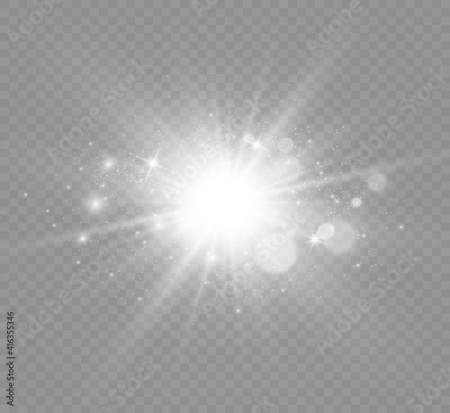 Special lens flash, light effect. The flash flashes rays and searchlight. illust.White glowing light. Beautiful star Light from the rays. The sun is backlit. Bright beautiful star. Sunlight. Glare.