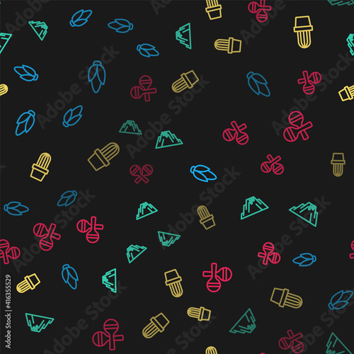 Set line Corn, Volcano eruption with lava, Cactus succulent in pot and Maracas on seamless pattern. Vector. photo