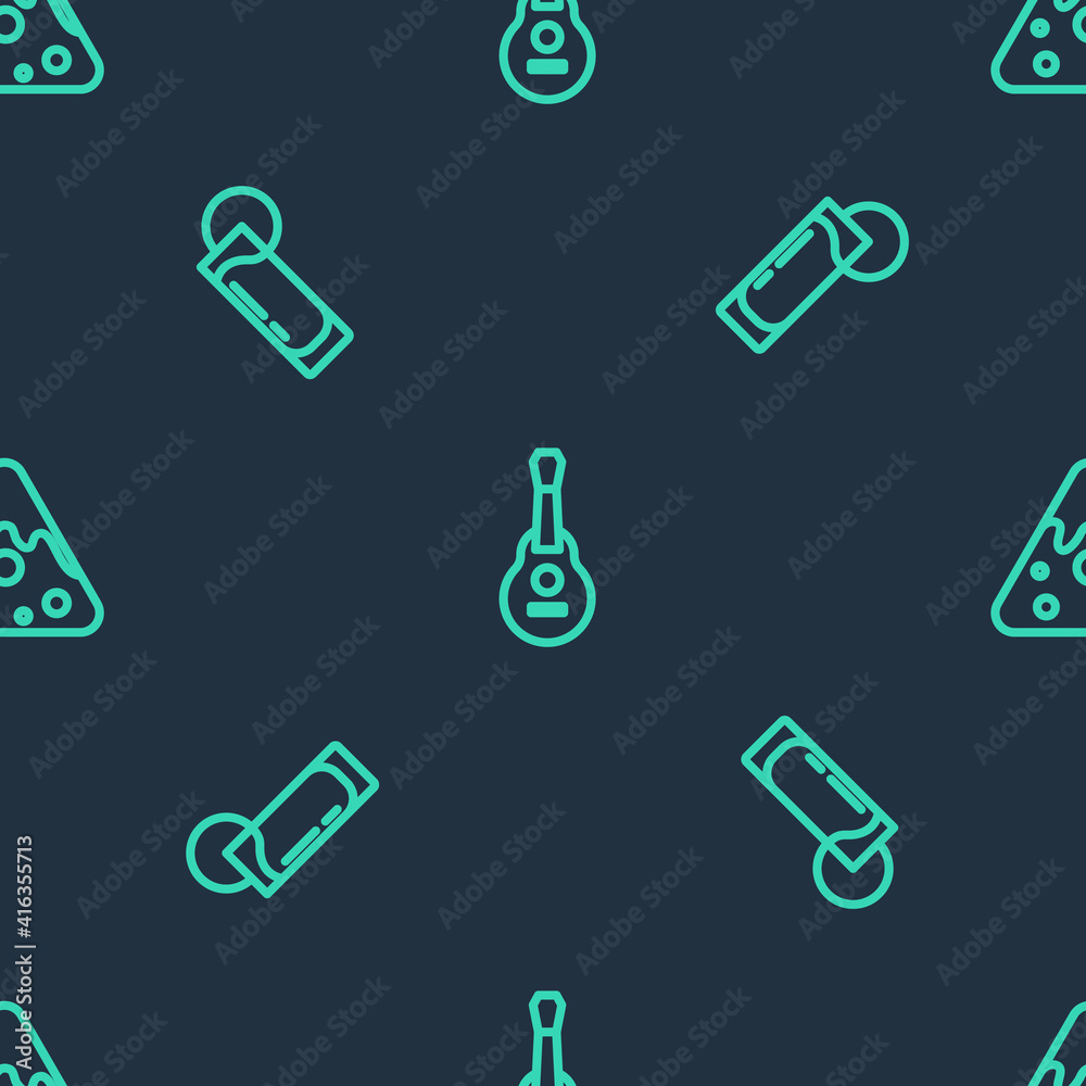 Set line Mexican guitar, Tequila glass with lemon and Nachos on seamless pattern. Vector.