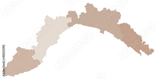 Liguria map, division by provinces and municipalities. Closed and perfectly editable polygons, polygon fill and color paths editable at will. Levels. Political geographic map. Italy