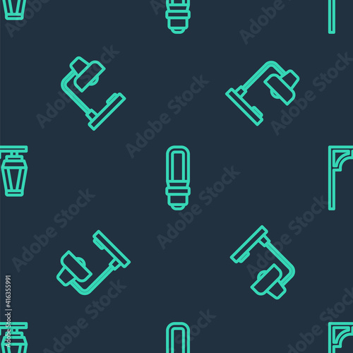 Set line LED light bulb, Table lamp and Vintage street on seamless pattern. Vector.