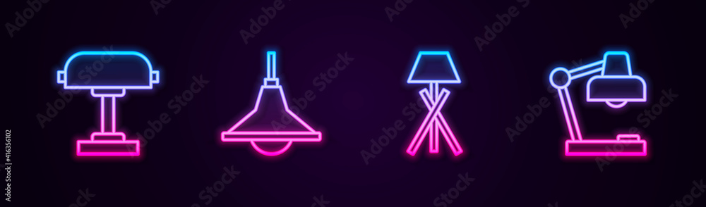 Set line Table lamp, Chandelier, Floor and . Glowing neon icon. Vector. Set line Table lamp, Chandelier, Floor and . Glowing neon icon. Vector.