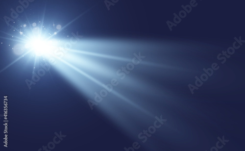 Special lens flash, light effect. The flash flashes rays and searchlight. illust.White glowing light. Beautiful star Light from the rays. The sun is backlit. Bright beautiful star. Sunlight. Glare.
