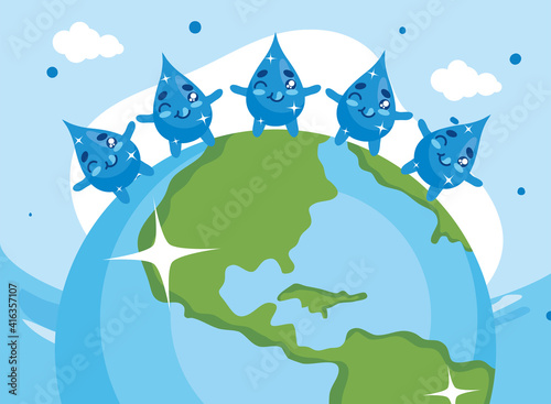 Water day with drops cartoons on world vector design