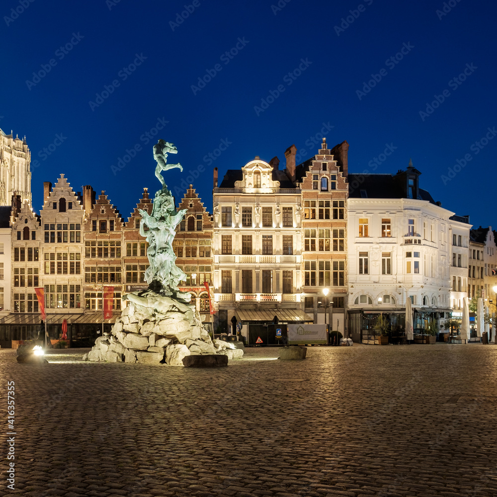 Brabo fountain at the Grote Markt square after sunset