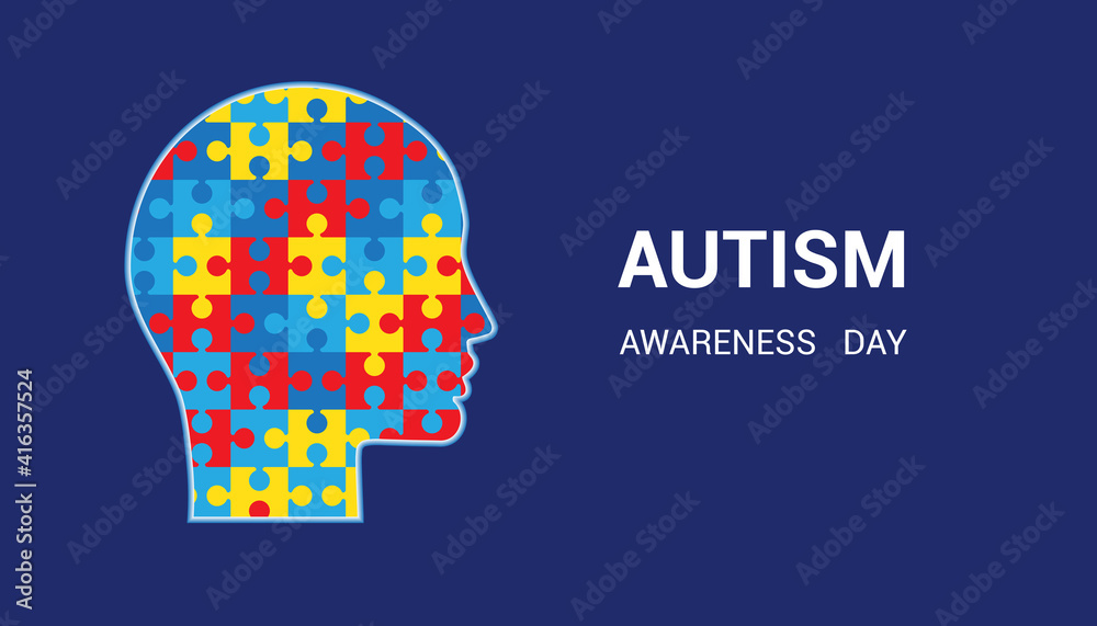 Autism awareness day. Head-shaped puzzles. Blue background.