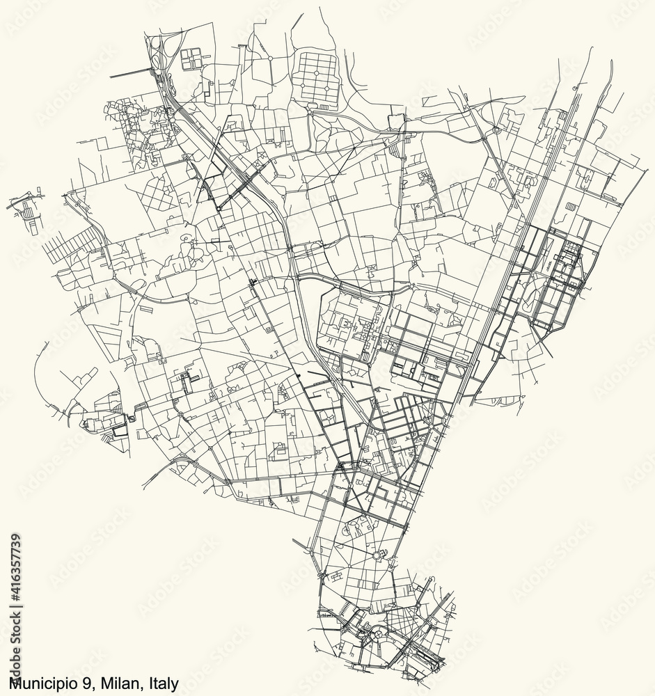 Black simple detailed street roads map on vintage beige background of the quarter Municipio 9 Zone of Milan, Italy (Porta Garibaldi, Niguarda)