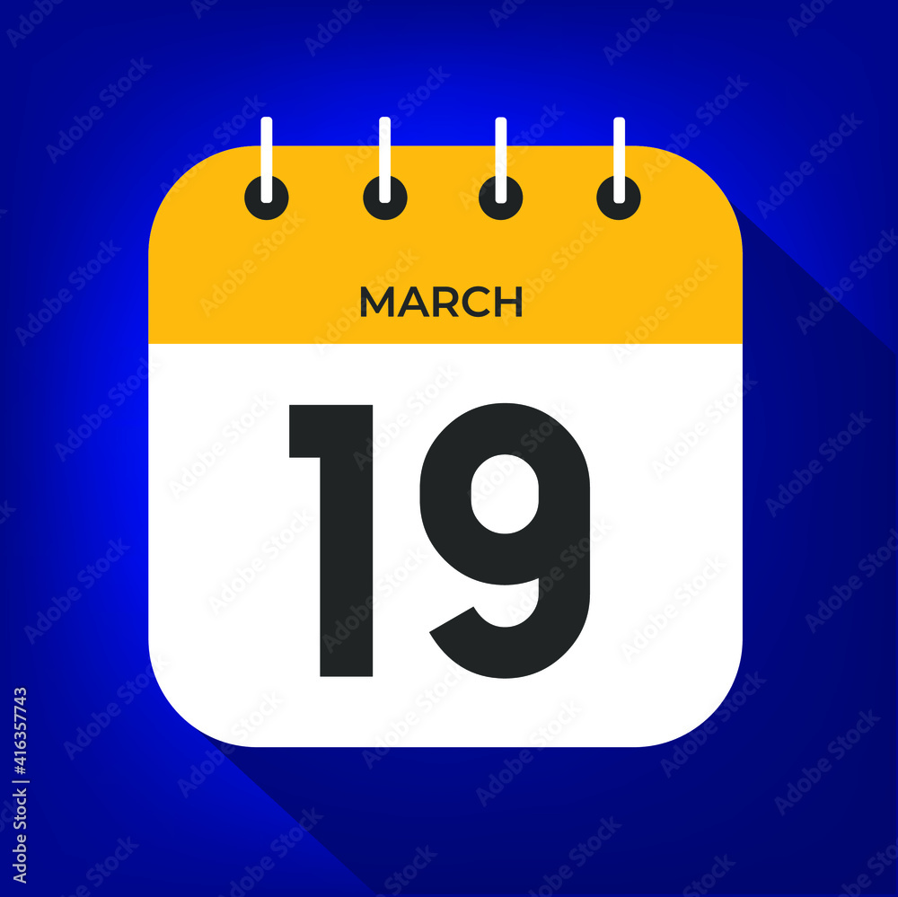 March day 19. Number nineteen on a white paper with yellow color border on a blue background vector. March day 19. Number nineteen on a white paper with yellow color border on a blue background vector.