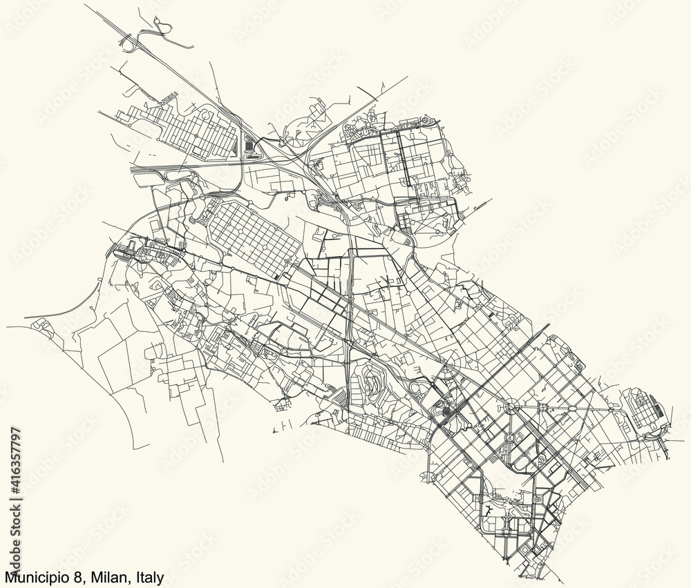 Black simple detailed street roads map on vintage beige background of the quarter Municipio 8 Zone of Milan, Italy (Fiera, Gallaratese, Quarto Oggiaro)