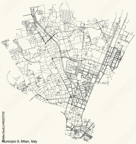 Black simple detailed street roads map on vintage beige background of the quarter Municipio 9 Zone of Milan, Italy (Porta Garibaldi, Niguarda)
