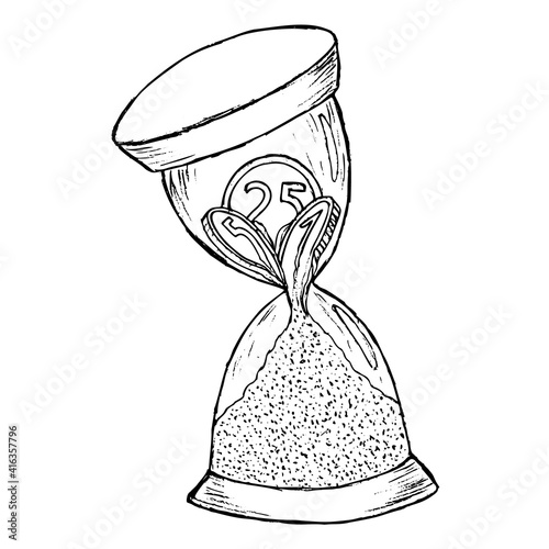 Hourglass, in the middle of the clock money turns to sand. The concept of wasting money. The concept of money for nothing.
