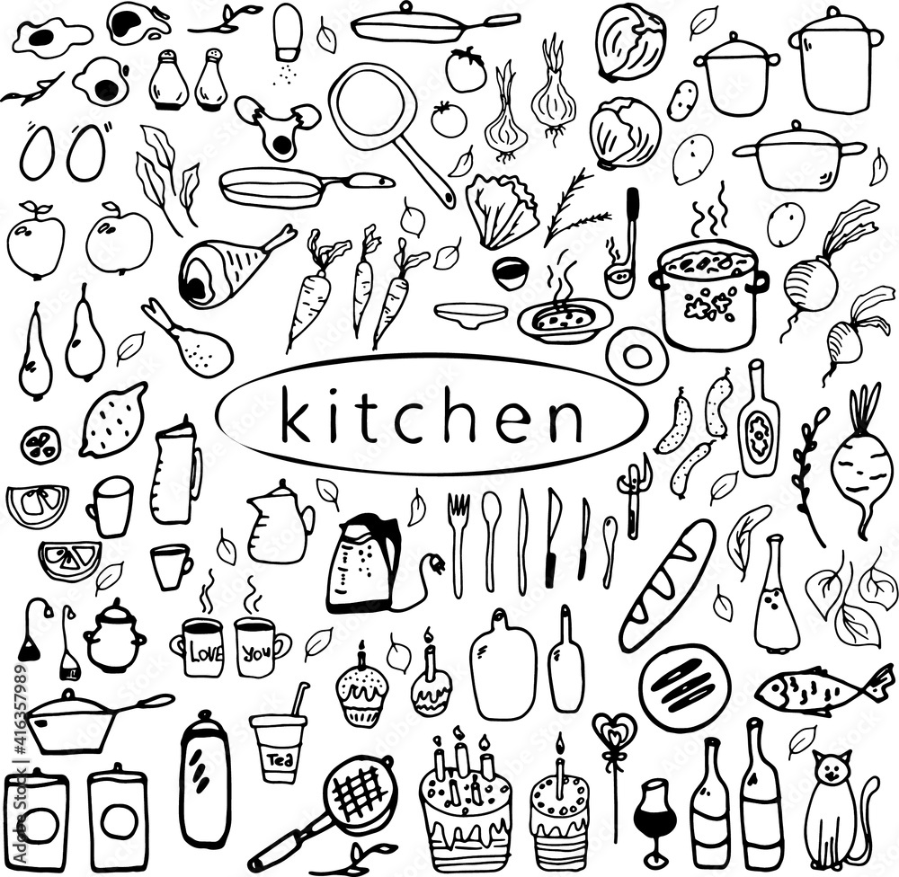 Kitchen doodle vector with the stuffs, hand made. Set of doodle kitchen tools on white background. Doodle kitchen equipments.