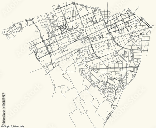 Black simple detailed street roads map on vintage beige background of the quarter Municipio 6 Zone of Milan, Italy (Barona, Lorenteggio)