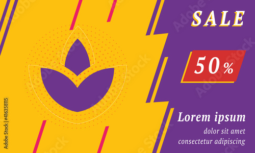 Sale promotion banner with place for your text. On the left is the water lily symbol. Promotional text with discount percentage on the right side. Vector illustration on yellow background