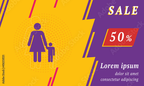 Sale promotion banner with place for your text. On the left is the woman with child symbol. Promotional text with discount percentage on the right side. Vector illustration on yellow background