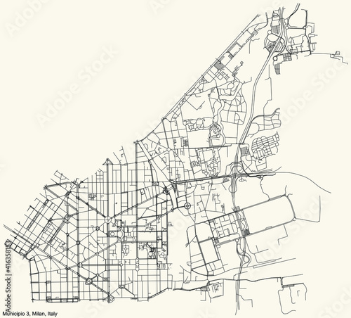 Black simple detailed street roads map on vintage beige background of the quarter Municipio 3 Zone of Milan, Italy (Città Studi, Lambrate, Porta Venezia) photo