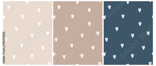 Cute Hand Drawn Irregular Romantic Seamless Vector Pattern. White Hearts Isolated on a Light Cream, Dusty Brown and Dark Blue Background. Funny Infantile Repeatable Print.