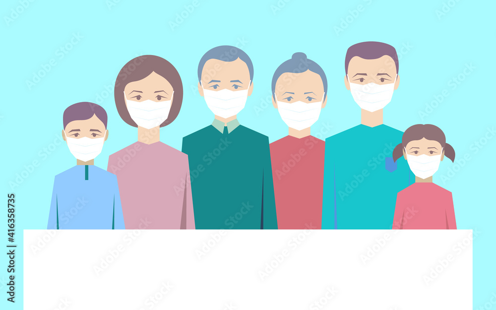 Family wearing protective Medical mask for prevent virus Wuhan Covid-19. Dad Mom Daughter Son Grandfather, Grandmother wearing a surgical mask.