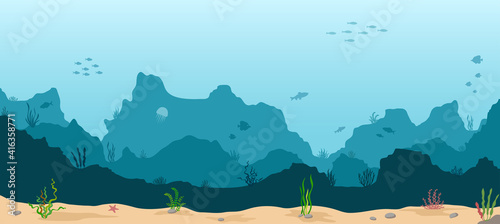 Sea underwater background. Marine sea bottom with underwater plants, corals and fishs. Panoramic seascape. Vector illustration.