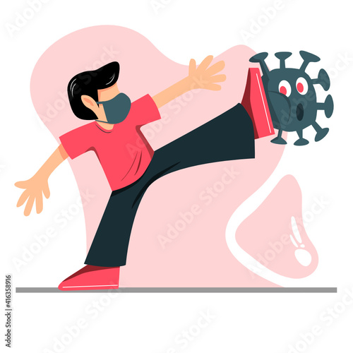 Illustration of a man who defends himself and also fights himself against the covid 19 or corona virus attack. by using a mask, keeping your distance, and washing your hands under running water.
