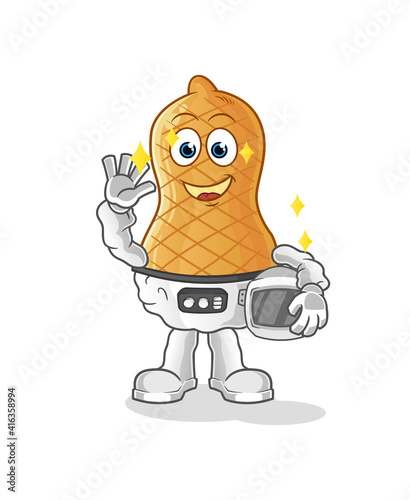 peanut astronaut waving character. cartoon mascot vector