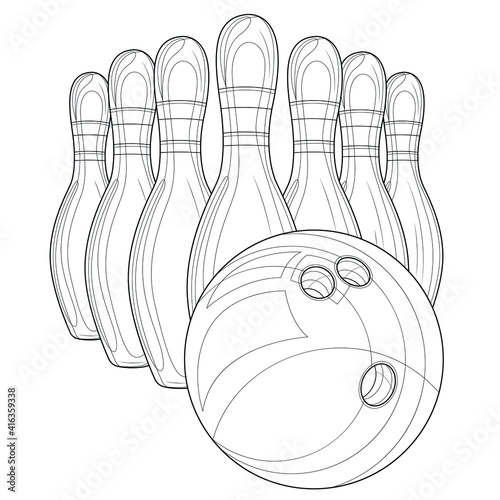 Skittles and bowling ball.Coloring book antistress for children and adults. 