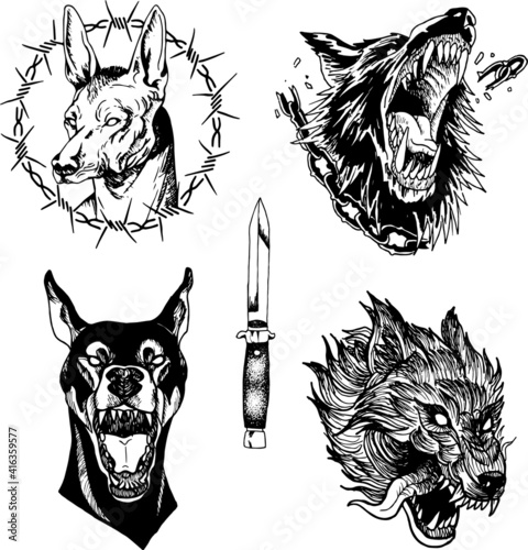 Set de perros agresivos dibujados a mano