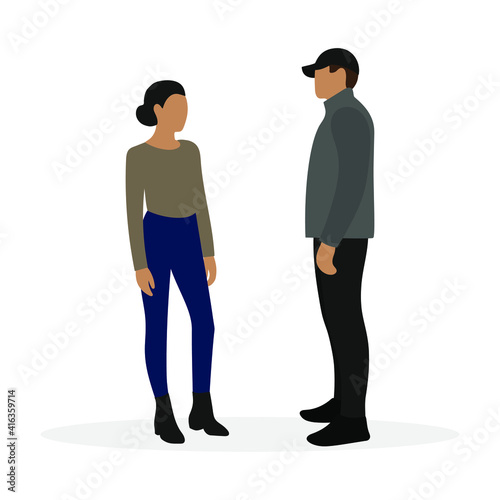 Female character and male character stand and look at each other on white background